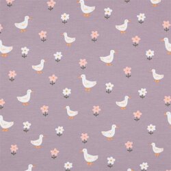 Baumwolljersey Bio~Organic Vögel und Blümchen - softlavendel