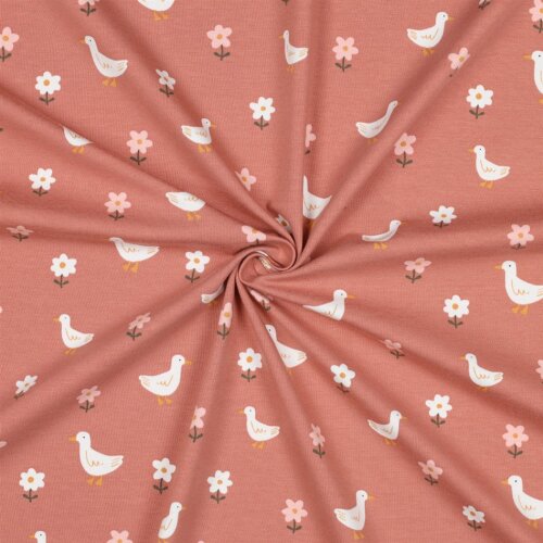 Baumwolljersey Bio~Organic Vögel und Blümchen  - dunkelaltpink
