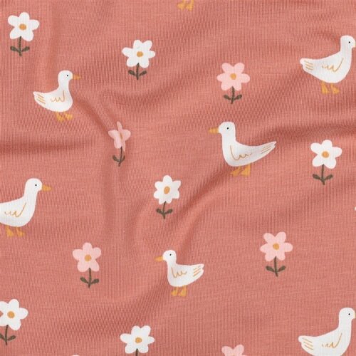 Baumwolljersey Bio~Organic Vögel und Blümchen  - dunkelaltpink