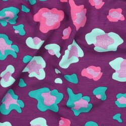 Baumwolljersey Glitzer bunte Leoflecken - lila