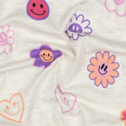Baumwolljersey Glitzer  fröhliche Herzen und Blumen...