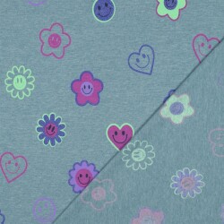 Baumwolljersey fröhliche Herzen und Blumen -...