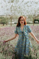 LINEN VISCOSE CRÊPE Digital Blumen - COBALT