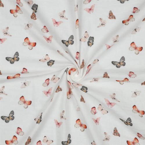 Musselin Digital bunte Schmetterlinge - weiß