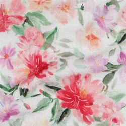 Musselin Digital pinke Blumen - weiß