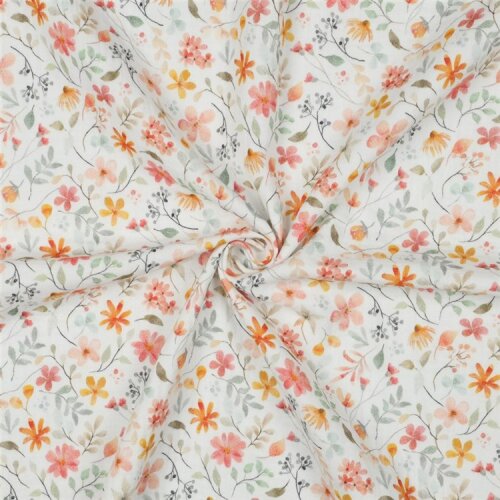 Musselin Digital bunte Blumenmischung - weiß
