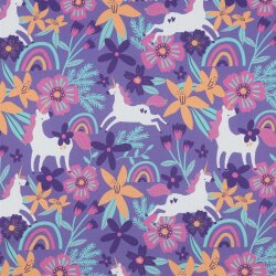 Baumwollpopeline Blumen und Einhörner - lavendel