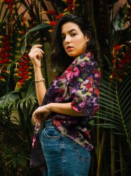 Viskose Lurex Digital Blumenkunst - dunkelblau