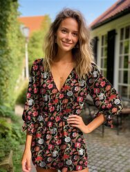 Viskose Stretch Digital Blumenranken - schwarz/rot