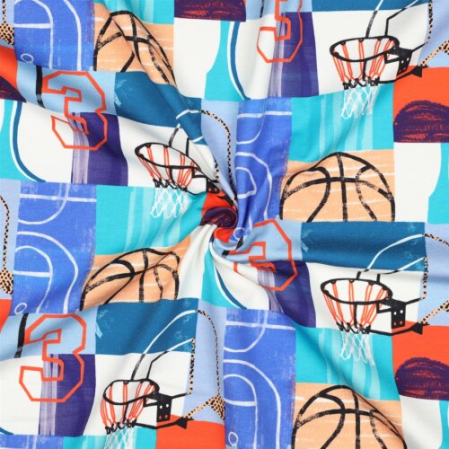 French Terry Digital Basketball Kollage - blau