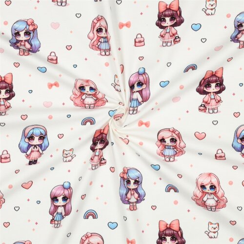 Baumwolljersey Digital Regenbogen Puppen - cremeweiß