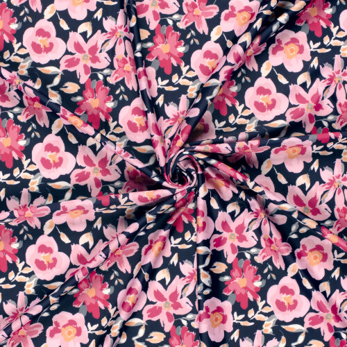 Funktions und Badeanzugstoff Recycled LSF50 rosa Blüten - dunkelblau