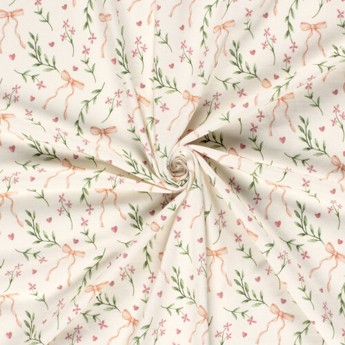Baumwolljersey BIO~Organic Digital Blumen und Schleifen - wollweiß - creme