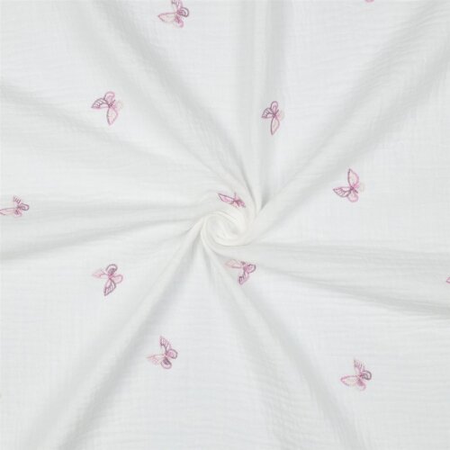 Musselin Bestickt Schmetterlinge - weiss/lila