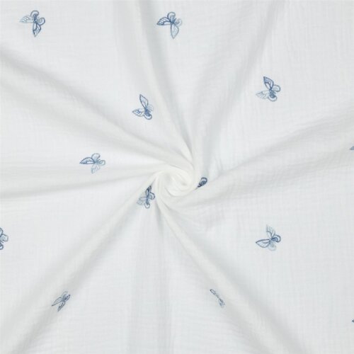 Musselin Bestickt Schmetterlinge - weiss/blau