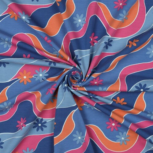 Baumwolljersey bunte Blumenwellen - schattenblau