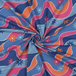 Baumwolljersey bunte Blumenwellen - schattenblau