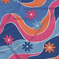 Baumwolljersey bunte Blumenwellen - schattenblau