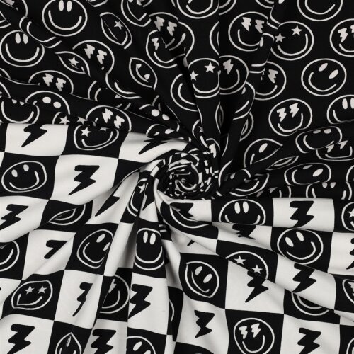 Baumwolljersey Smileys und Blitze - schwarz