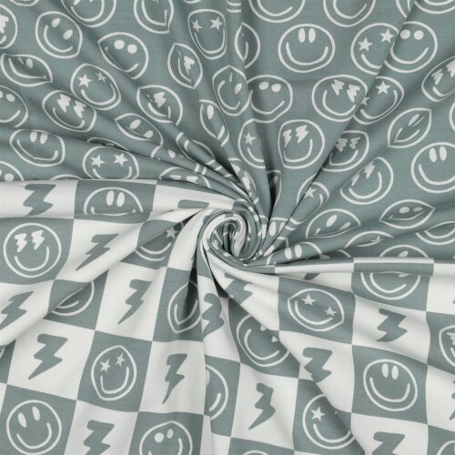 Baumwolljersey Smileys und Blitze - salbei