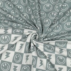 Baumwolljersey Smileys und Blitze - salbei