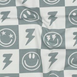 Baumwolljersey Smileys und Blitze - salbei