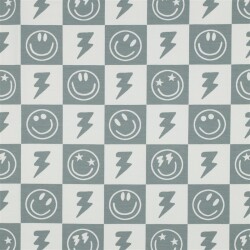 Baumwolljersey Smileys und Blitze - salbei