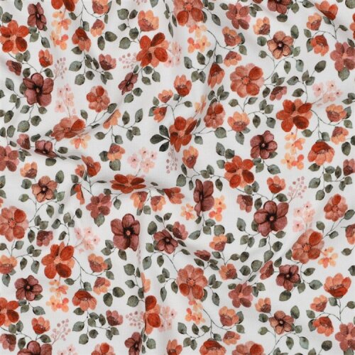 Baumwolljersey Organic Digital Blumen - weiß/pfirsich