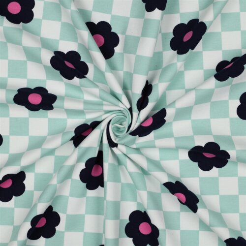 Ganzjahressweat Blumen auf Karo - altweiß/mint