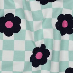 Ganzjahressweat Blumen auf Karo - altweiß/mint
