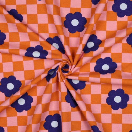Ganzjahressweat Blumen auf Karo - orange/rosa