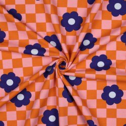 Ganzjahressweat Blumen auf Karo - orange/rosa
