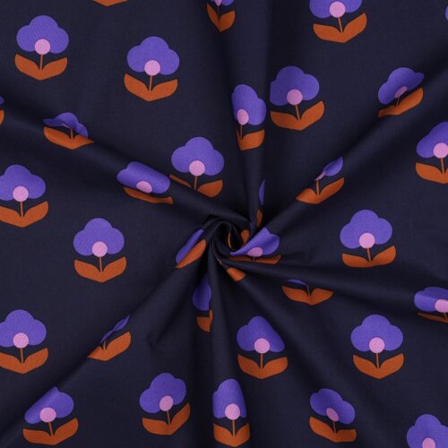 Beschichtete Baumwolle Retro Blumen - dunkelblau
