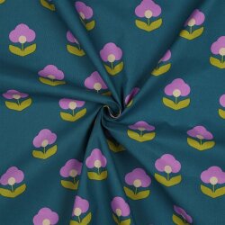 Beschichtete Baumwolle Retro Blumen - dunkelpetrol