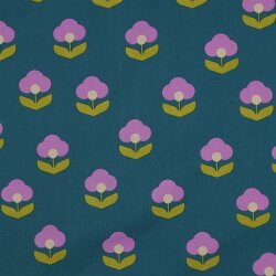 Beschichtete Baumwolle Retro Blumen - dunkelpetrol