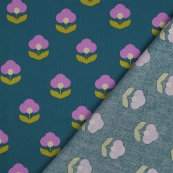 Beschichtete Baumwolle Retro Blumen - dunkelpetrol