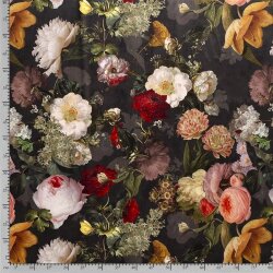 Polyester Satin Samt Romantische Blumen - schwarz