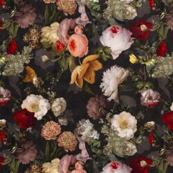 Polyester Satin Samt kleine Blumen - schwarz