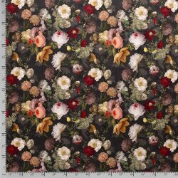 Polyester Satin Samt kleine Blumen - schwarz