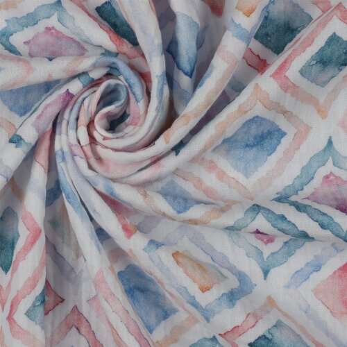 Musselin Digital Aquarell Rauten - weiss/blau