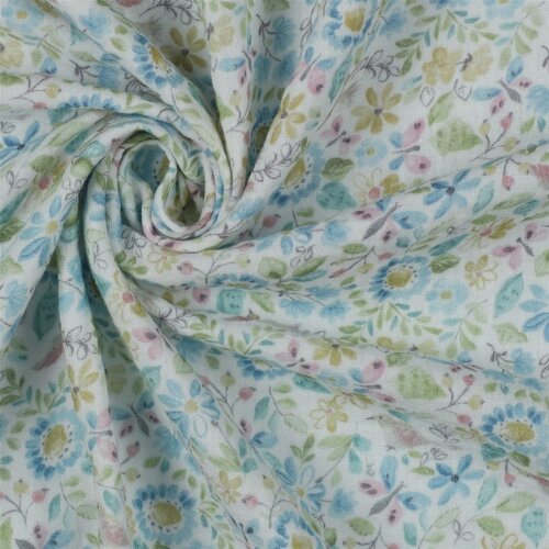 Musselin Digital Organic AquarellBlumen - weiss/blau