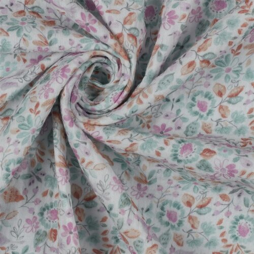 Musselin Digital Organic AquarellBlumen - weiss/petrol