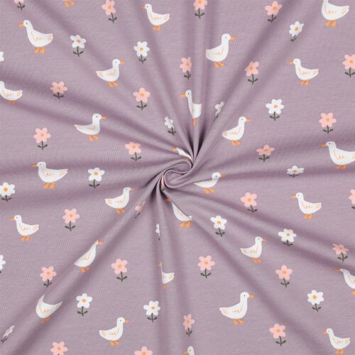 Baumwolljersey Bio~Organic Vögel und Blümchen - softlavendel