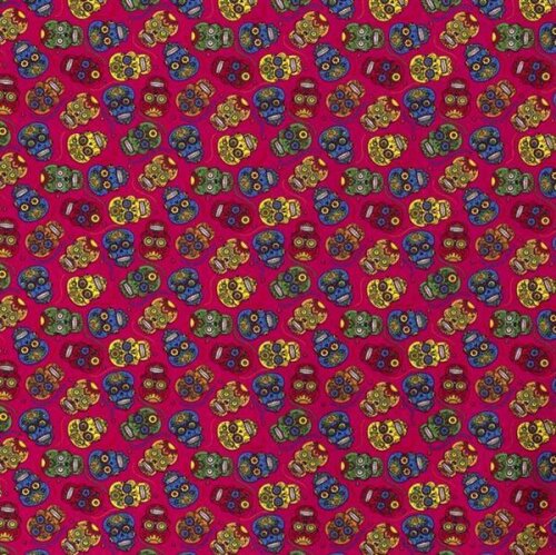 Baumwollpopeline Alberne Bunte Totenköpfe pink