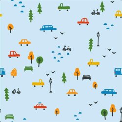 Baumwollpopeline bunte Fahrzeuge - hellblau