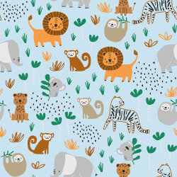 Baumwollpopeline bunte Safari - soft hellblau