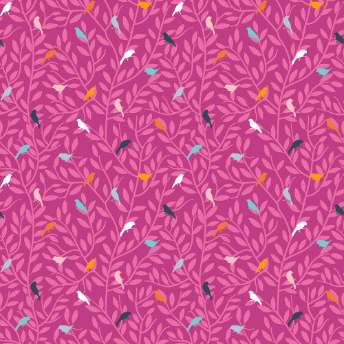 Baumwollpopeline bunte Vögel auf Zweigen - pink