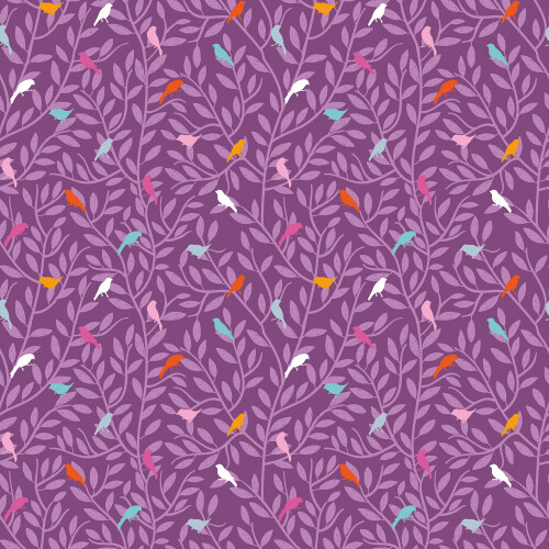 Baumwollpopeline bunte Vögel auf Zweigen - violett