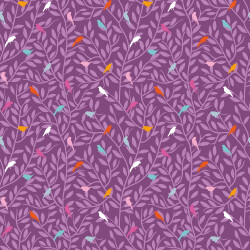 Baumwollpopeline bunte Vögel auf Zweigen - violett