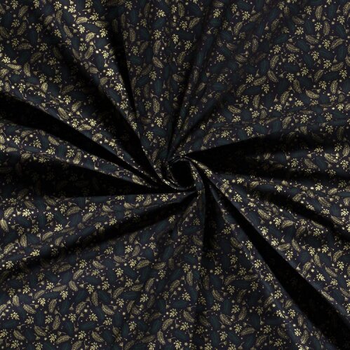 Baumwollpopeline Foliendruck Weihnachtszweige - dunkelblau/gold
